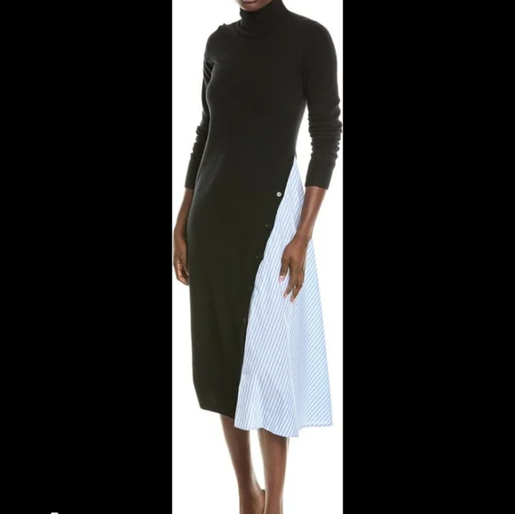 Naadam Asymmetrical Wool Cashmere Hybrid  Turtleneck Midi Sweater Dress - Picture 2 of 10